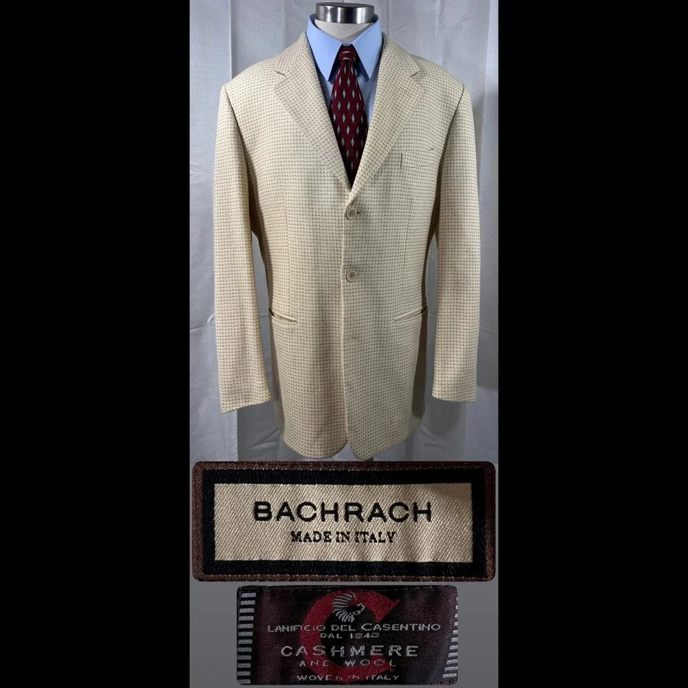 Bachrach Made in Italy Cashmere Wool Blazer Cream Waffle Weave Mens 42L